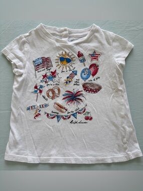 Ralph Lauren White Short-Sleeve Graphic Tee with Red & Blue Patriotic Icons| 12M